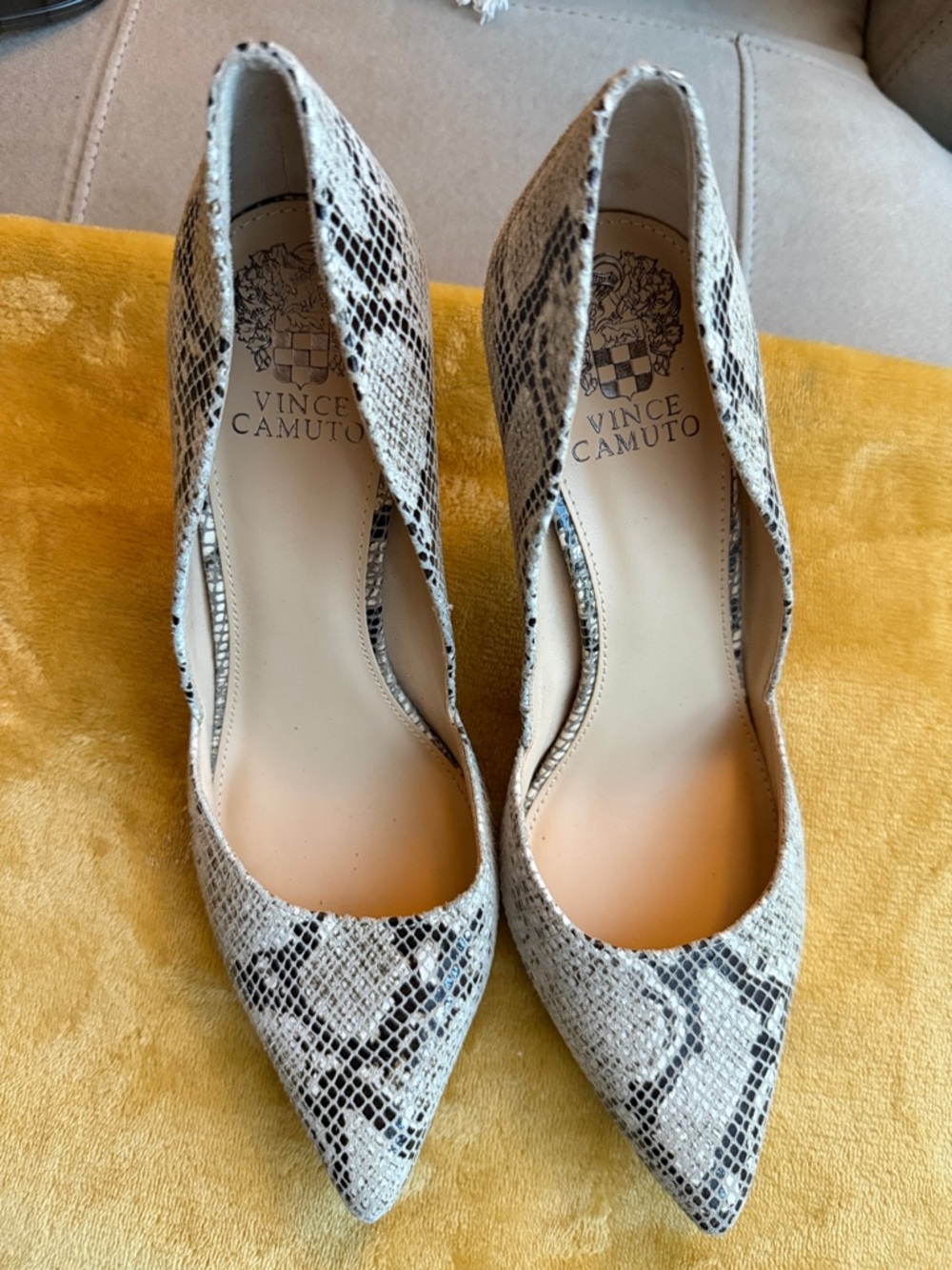 Vince Camuto Snake-Print Pointed Toe Pumps in Beige and Black